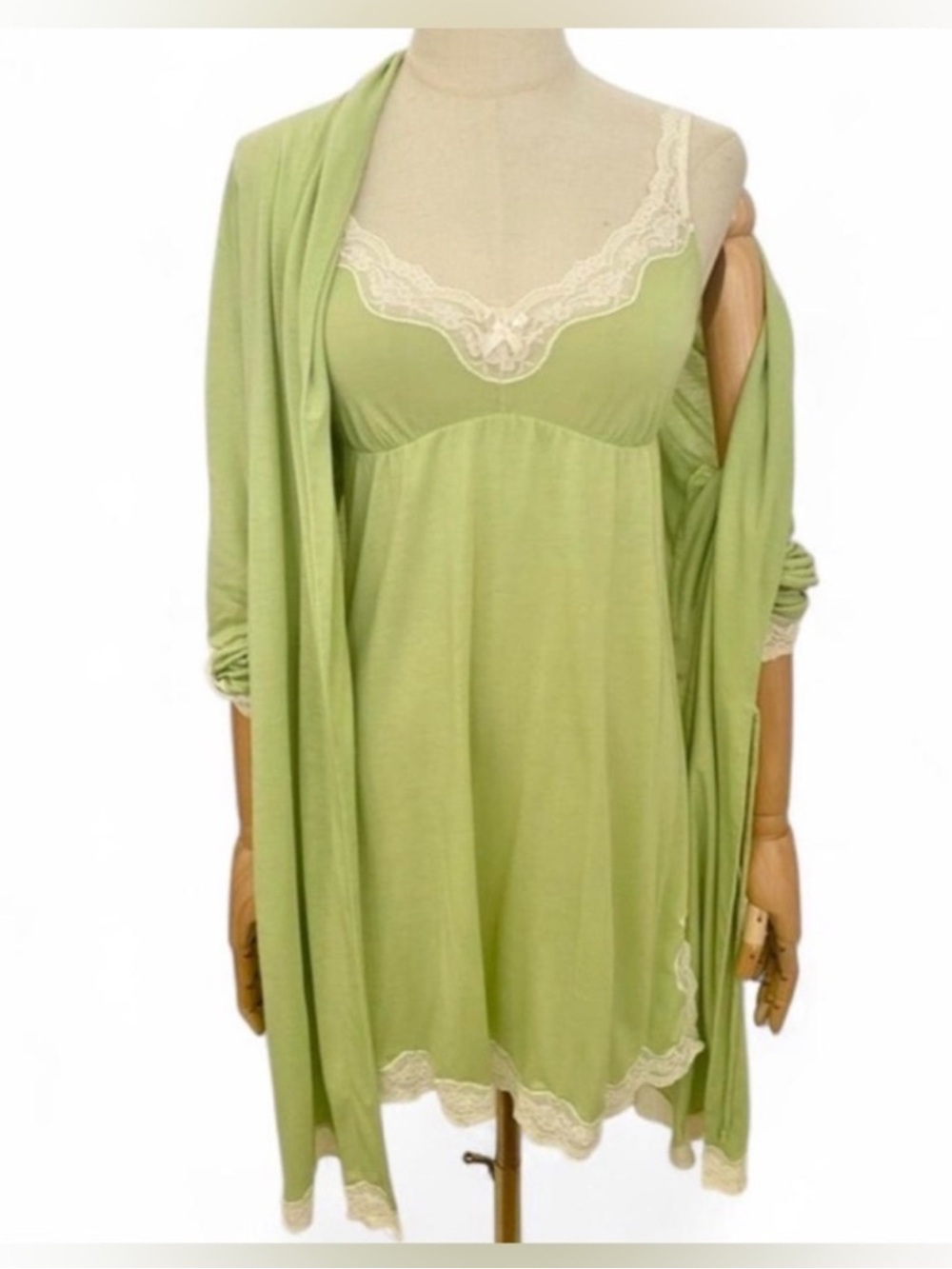 Vintage Eberjey Lace Modal Peignoir Set Pistachio Chemise & Robe Set Lady Godiva - Picture 1 of 15